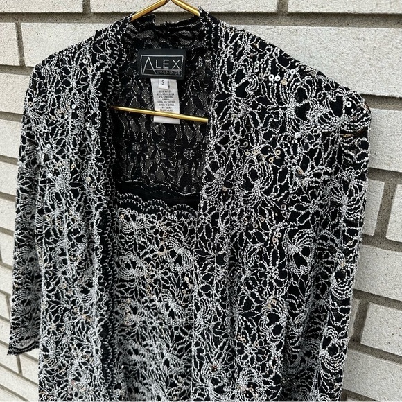 Alex Evenings Sequin Lace Twinset Cami & Jacket Black Silver S Mother Formal - Picture 2 of 15